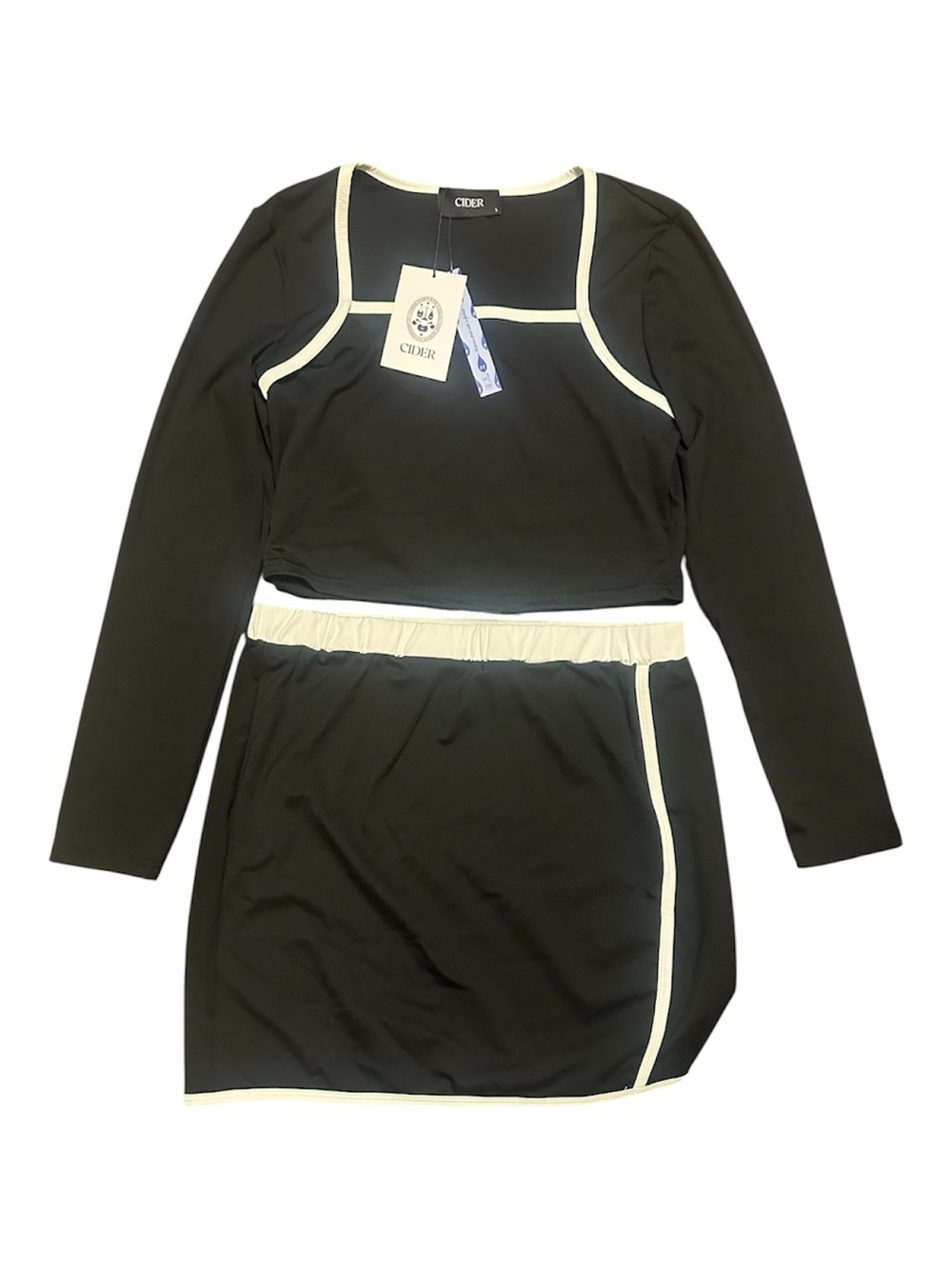 Cider Black Long-Sleeve Two-Piece Style Dress with White Trim